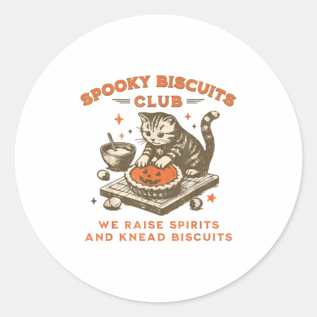 Retro Spooky Biscuits Club Cat Halloween Pumpkin B Classic Round Sticker (Front)