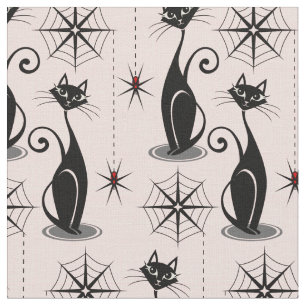 Retro Spooky Cats and Spiders on Pink Fabric