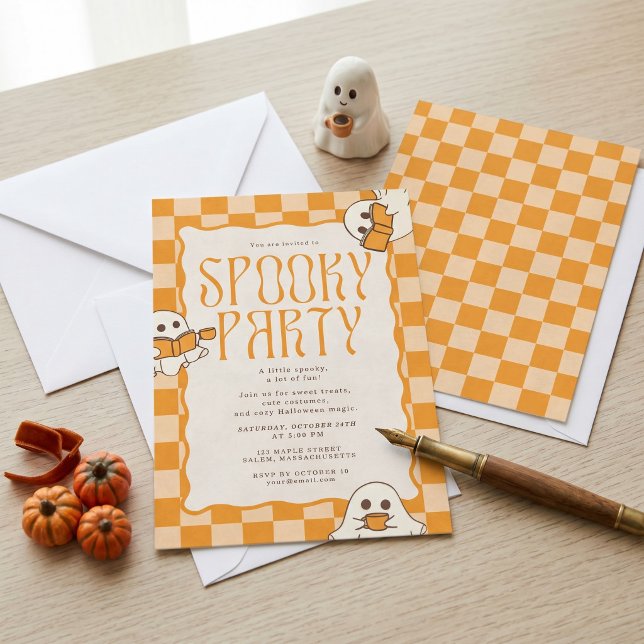 Retro Spooky Cute Ghost Halloween Party Invitation (Retro Spooky Cute Ghost Halloween Party Invitation)