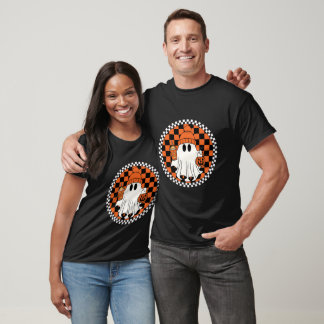 Retro Spooky Fun Ghost With Chequered Background T-Shirt