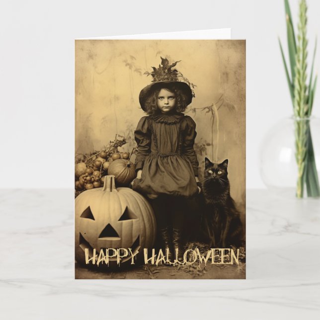 Retro spooky Halloween creepy girl with black cat Holiday Card (Front)