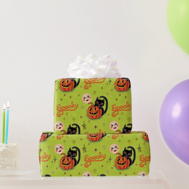 Retro Spooky Kitten Pumpkin Moons on Lime Green Wrapping Paper (Party Gifts)