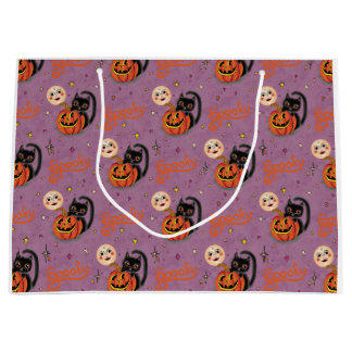 Retro Spooky Kitten Pumpkin Moons on Purple Large Gift Bag