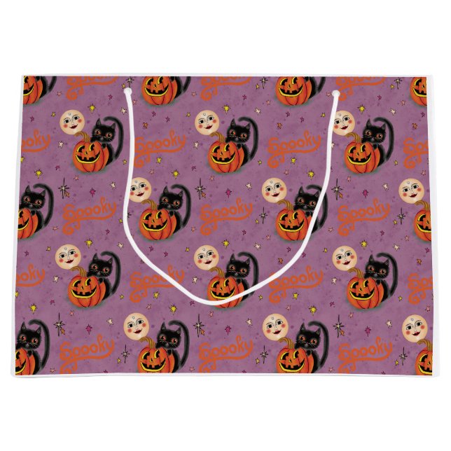 Retro Spooky Kitten Pumpkin Moons on Purple Large Gift Bag (Front)