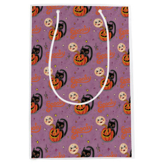 Retro Spooky Kitten Pumpkin Moons on Purple Medium Gift Bag