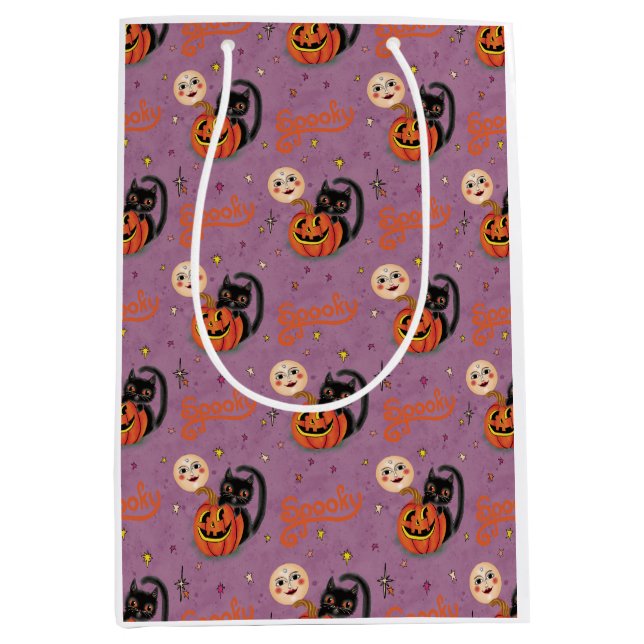 Retro Spooky Kitten Pumpkin Moons on Purple Medium Gift Bag (Front)