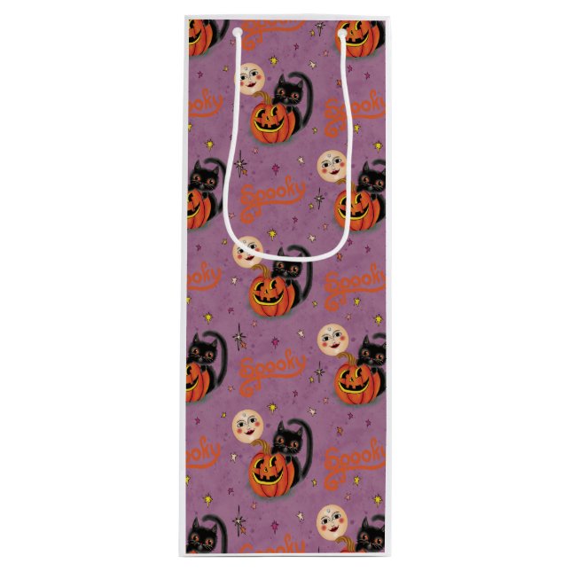 Retro Spooky Kitten Pumpkin Moons on Purple Wine Gift Bag (Front)