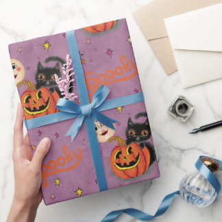Retro Spooky Kitten Pumpkin Moons on Purple Wrapping Paper
