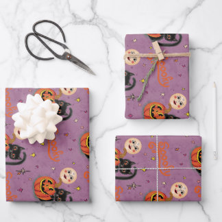 Retro Spooky Kitten Pumpkin Moons on Purple Wrapping Paper Sheet