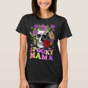 Retro Spooky Mama Skull Women Flower Mum Skeleton T-Shirt