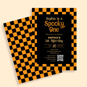 Retro Spooky One Checkered Orange 1st Birthday Invitation