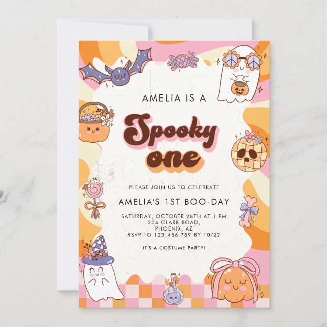 Retro Spooky One Pink Halloween 1st Birthday  Invitation (Front)