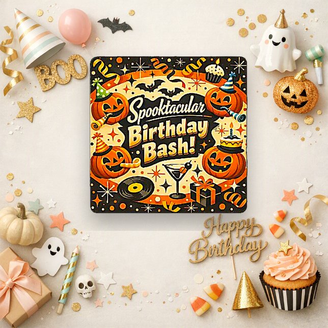 Retro Spooky Orange Black Halloween Birthday Bash Card (Creator Uploaded)