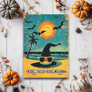 Retro Spooky Summer Goth Witch's hat on the beach  Postcard