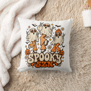Retro Spooky SZN Ghosts   Groovy 70s Halloween Des Cushion