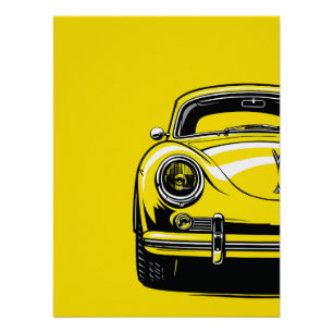 Retro Sports Car Front Pop Art Yellow Illustration Poster