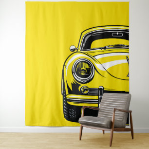 Retro Sports Car Front Pop Art Yellow Illustration Tapestry