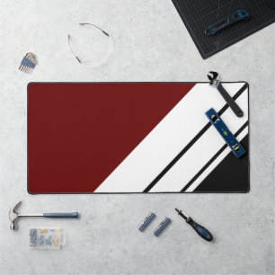 Retro Sporty Deep Red Black White Diagonal Stripes Desk Mat