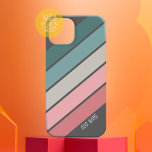 Retro Sporty stripes teal pink handwritten name iPhone 15 Case<br><div class="desc">A retro pastel rainbow with 70s inspired colours and a minimal pattern. The teal,  pink and grey colours can be changed. The large stripes running diagonal makes it a bold but minimal look for your cover.</div>