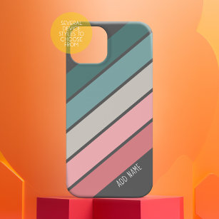 Retro Sporty stripes teal pink handwritten name iPhone 15 Case