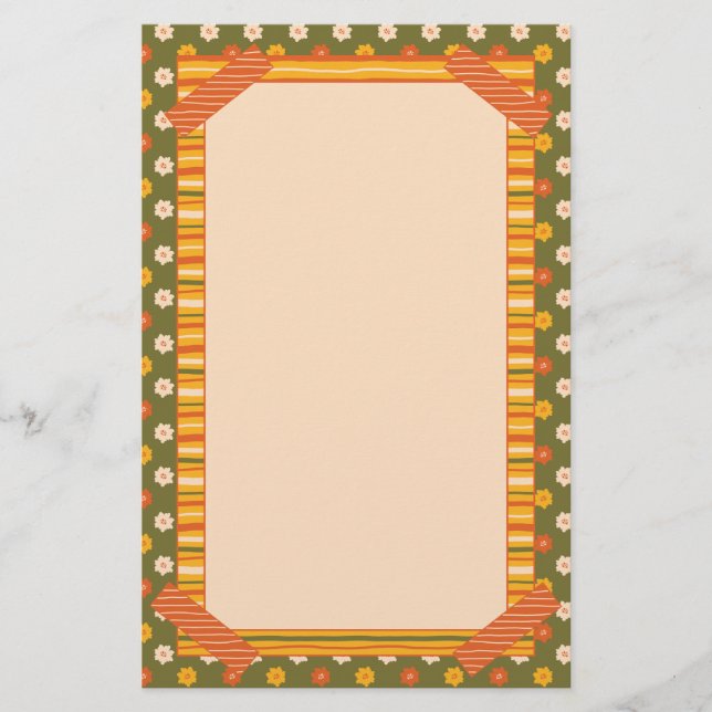 Retro Spring Hand Drawn Faux Washi Floral Vertical Stationery (Front)