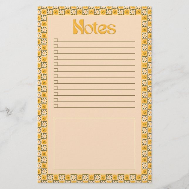 Retro Spring Hand Drawn Groovy Floral Check Notes Stationery (Front)