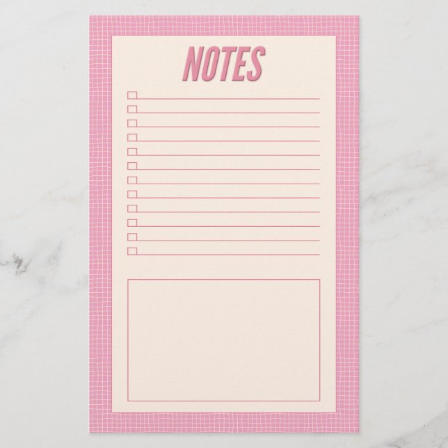 Retro Spring Hand Drawn Pink and White Grid Notes Stationery (Front)