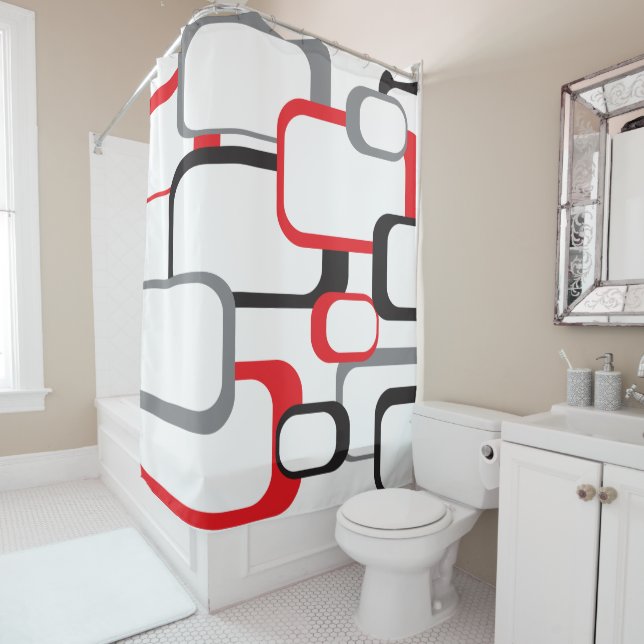 Retro Square Pattern Red Black Grey White Shower Curtain (In Situ)