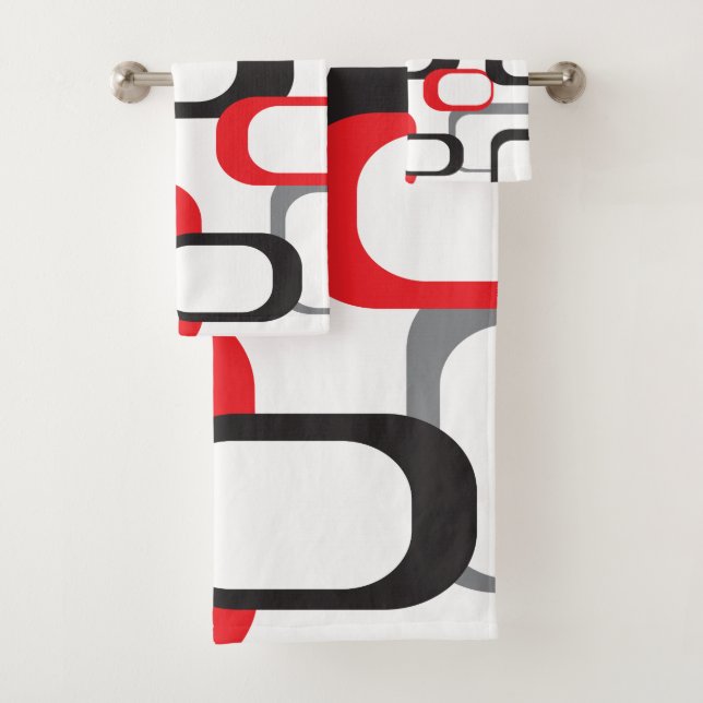 Retro Square Pattern Red Grey Black White Bath Towel Set (Insitu)