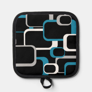 Retro Squares Blue Grey White Black Background Pot Holder