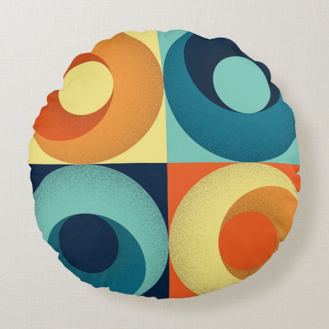 Retro Squares & Circles: 1960s Pattern Round Cushion (Front)