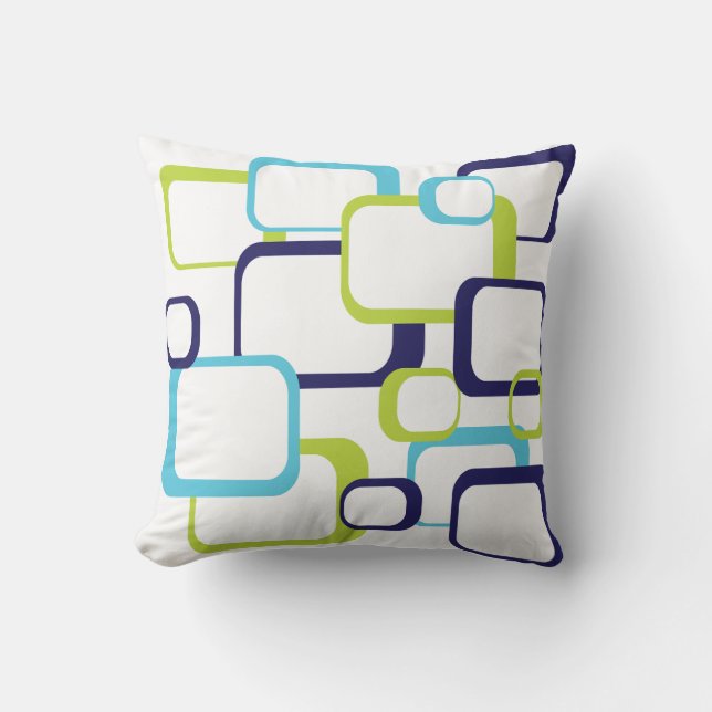Retro Squares Pattern Blue Green White Cushion (Front)