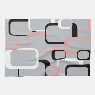Retro Squares Pattern Pink Black White Grey Tea Towel
