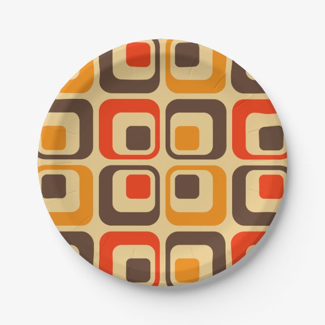 Retro Squares Pattern - Red, Brown & Orange Paper Plate (Front)