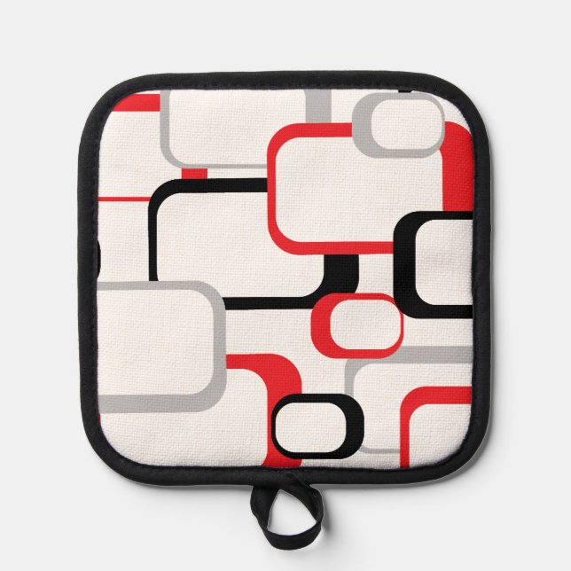 Retro Squares Red Grey Black White Background Pot Holder (Front)