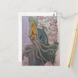 Retro Squid and a Map Section Collage Postcard