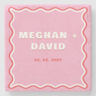 Retro Squiggle Wavy Curve Pink Red Wedding Stone Coaster
