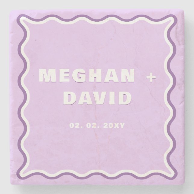Retro Squiggle Wavy Curve Purple Wedding   Stone Coaster (Front)