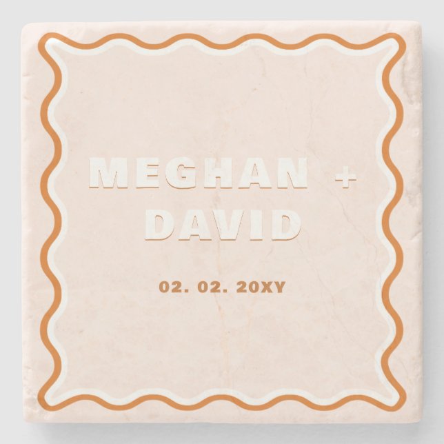 Retro Squiggle Wavy Curve Terracotta Wedding   Stone Coaster (Front)