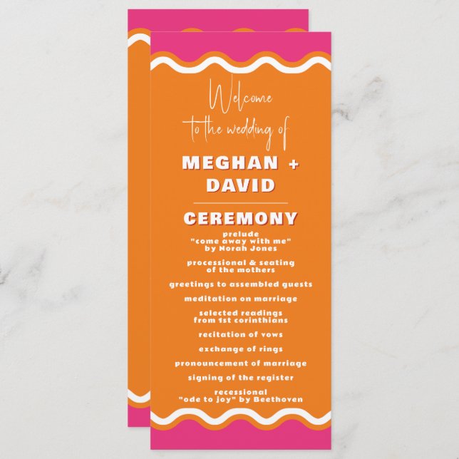 Retro Squiggle Wavy Pink Orange Wedding  Programme (Front/Back)