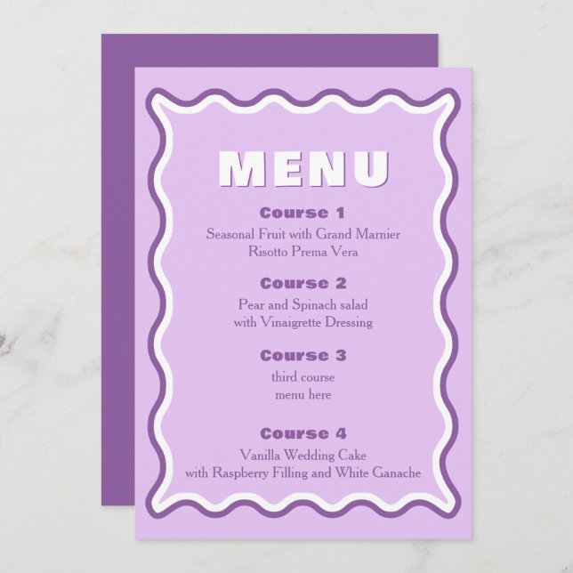 Retro Squiggle Wavy Purple Wedding  Menu (Front/Back)