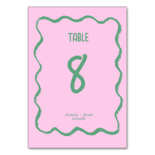 Retro Squiggle Whimsical Pink and Green Wedding  Table Number