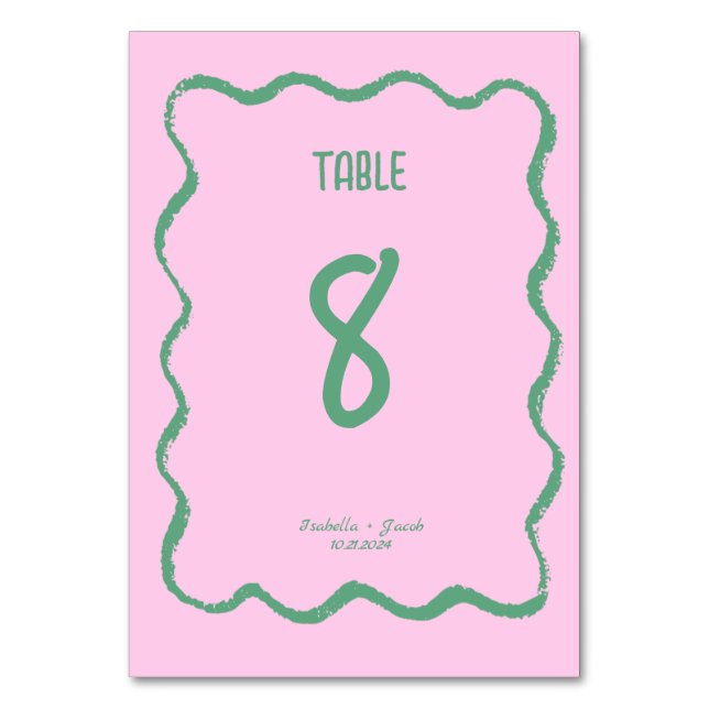 Retro Squiggle Whimsical Pink and Green Wedding  Table Number (Front)