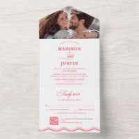 Retro Squiggly Curves Pink and Red Wavy Wedding
