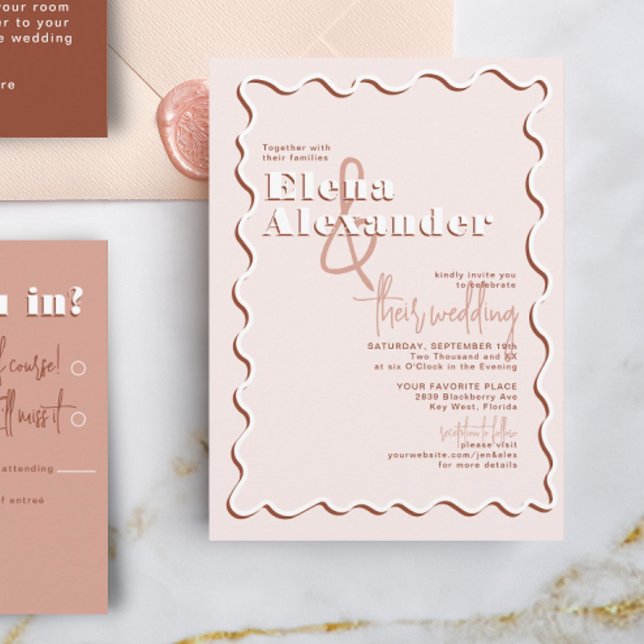 Retro Squiggly Wavy Blush Terracotta Wedding Invitation (Creator Uploaded)