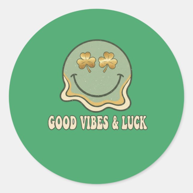 Retro St. Patrick's Day Good Vibes & Luck Smiley  Classic Round Sticker (Front)