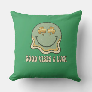 Retro St. Patrick's Day Good Vibes & Luck Smiley  Cushion