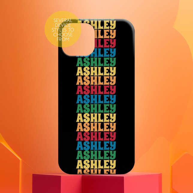 Retro Stacked Name Pattern Rainbow Colours 70s  iPhone 16 Case (70s mod name)
