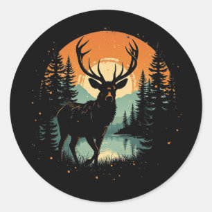 Retro Stag Sunset Vintage Forest Silhouette Classic Round Sticker