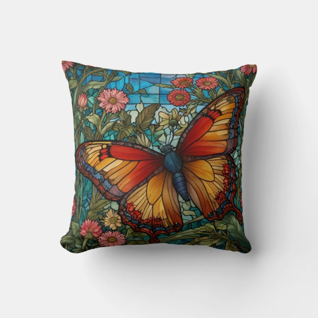 Retro stain glass butterfly garden cushion (Front)